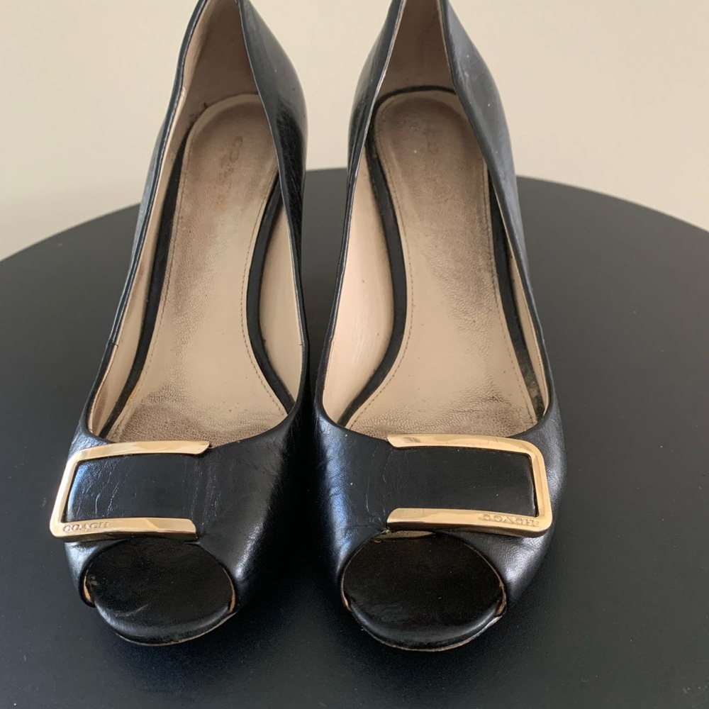 Coach Black Leather Peep-Toe Pumps with Gold Buckle